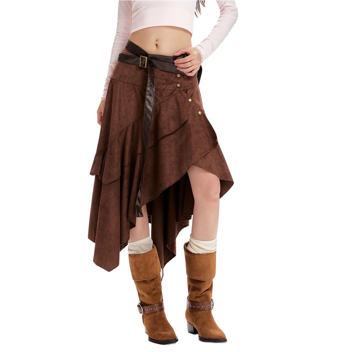 Vintage Suede Skirt for Women Gothic Punk Style Irregular Ruffled High Waist A-line Skirt with Belt Brown - Image 3