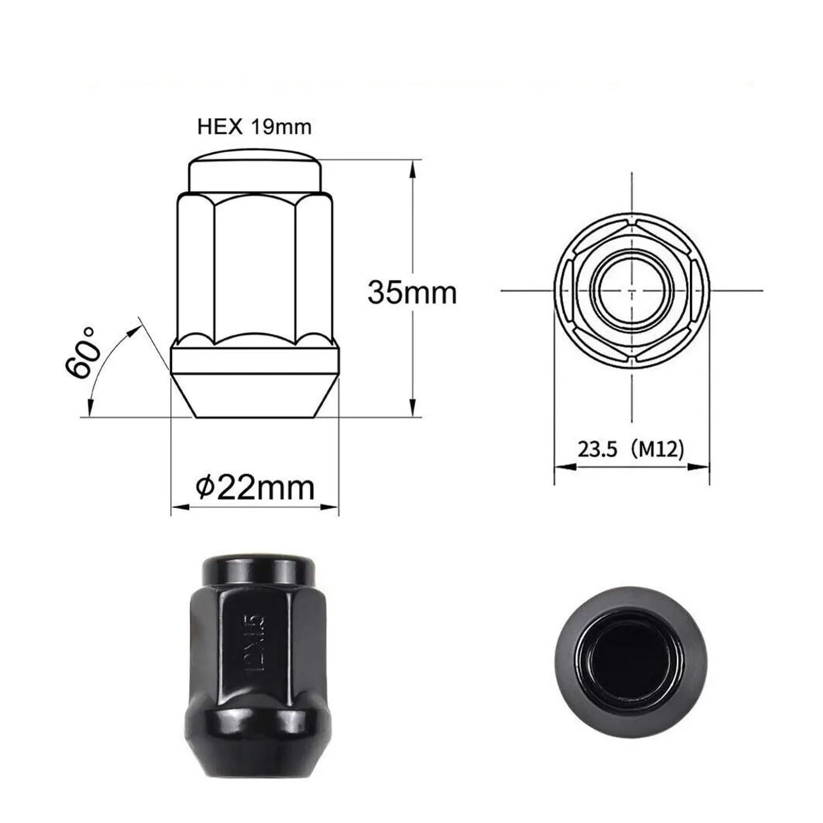 24 szt. Nakrętki do kół M12x1,5 Czarne gniazdo nakrętki z końcówką do nakrętek z końcówką wypukłą z zamkniętym końcem w stylu żołędziowym