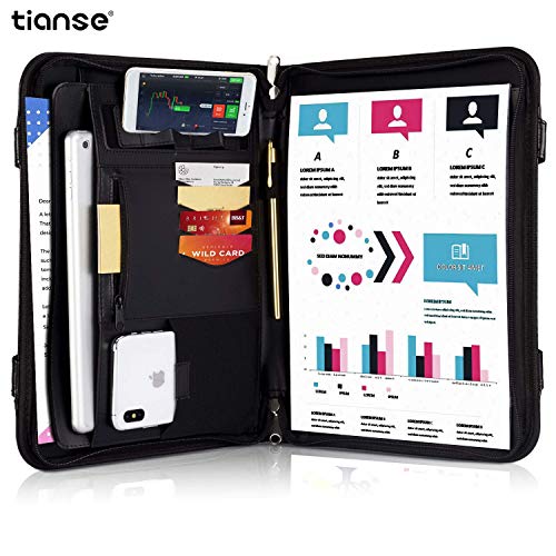 TIANSE Carpeta de Conferencias, Portafolio Carteras de Viaje A4, Carpeta Organizadora Personal Agenda, Carpeta Portadocumentos A4 con Cremallera, Padfolio de PU Cuero Tablet Titular de Negocios(Negro)