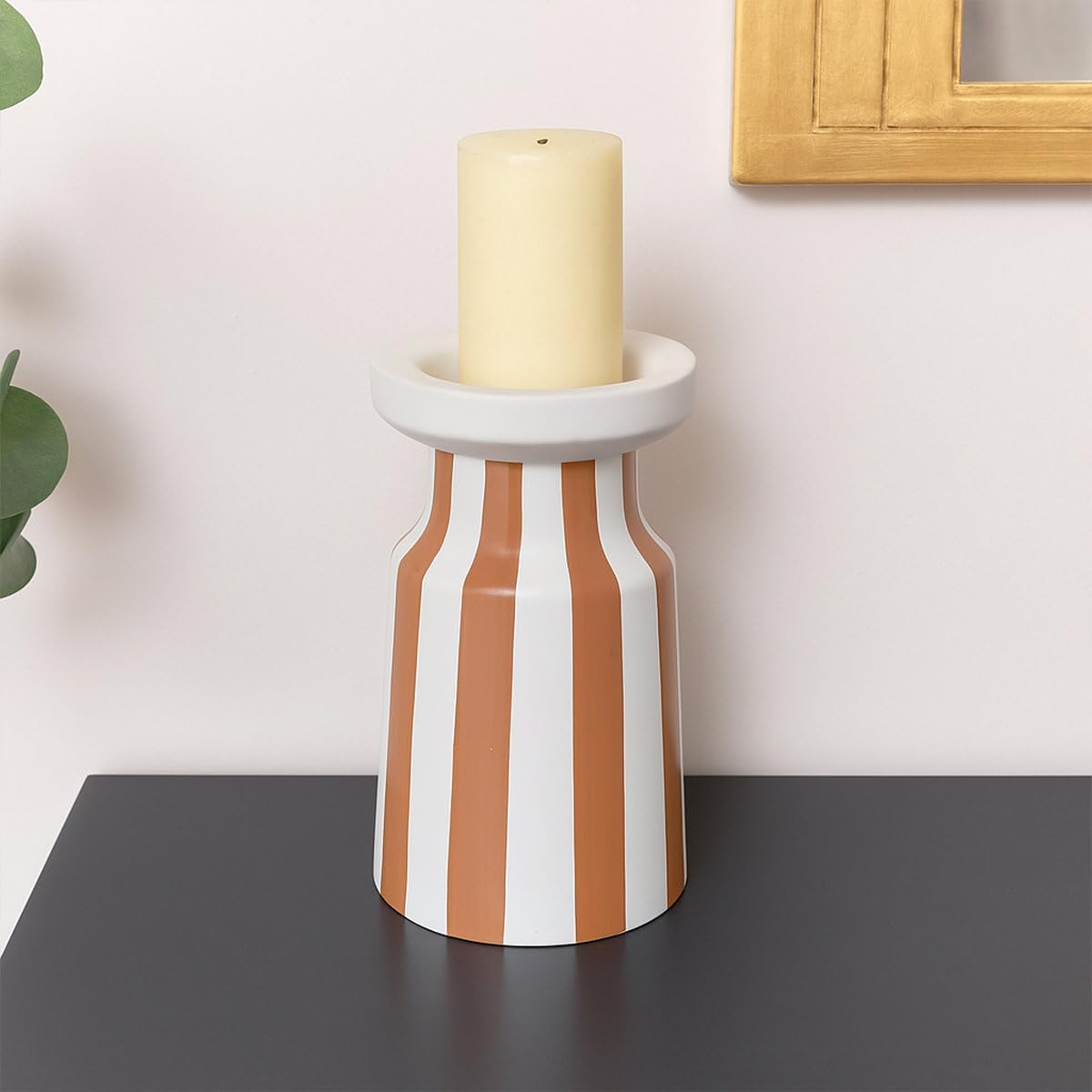 Melody Maison Burnt Orange Large Striped Pillar Candle Holder - 28Cm