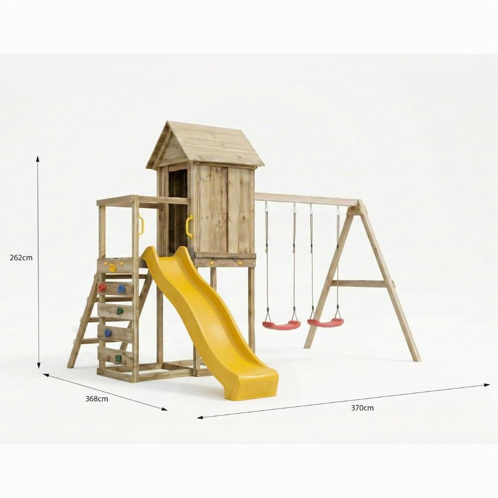 Casetta Rialzata in Legno per Bambini Maxplay 5 con Scivolo 2,2 m, Doppia Altalena e Parete Arrampicata – Parco Giochi da Giardino con Torre e Sabbiera, 368x370x262 cm, Legno Impregnato Autoclave