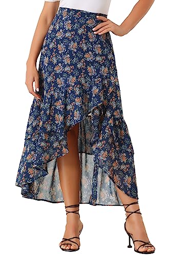 Allegra K Floral Ruffle Skirt for Women's Wrap Tiered Asymmetrical Chiffon Skirts