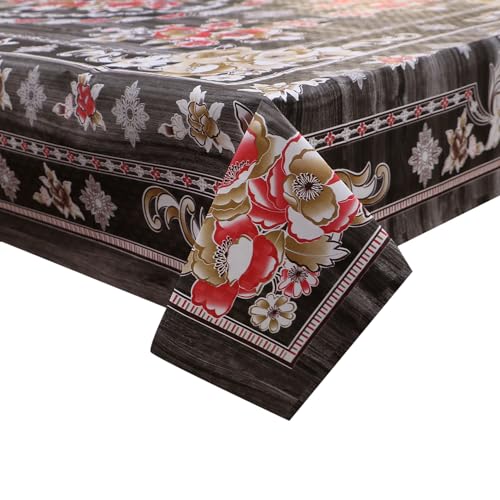 Image of Dakshya Industries Waterproof PVC Table Cover 60x90 Inch for Dining Table, Floral Printed Table Cloth, Washable Oilproof Table Protector, Plastic Cover for 6 Seater & 8 Seater Tables (Black)