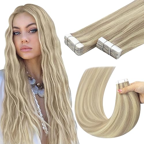 YoungSee Tape in Hair Extensions Highlight Blonde Invisible Tape Hair Extensions Real Human Hair for Short Hair Light Blonde Highlight Easy to Apply 12 Inch 20pcs 30g