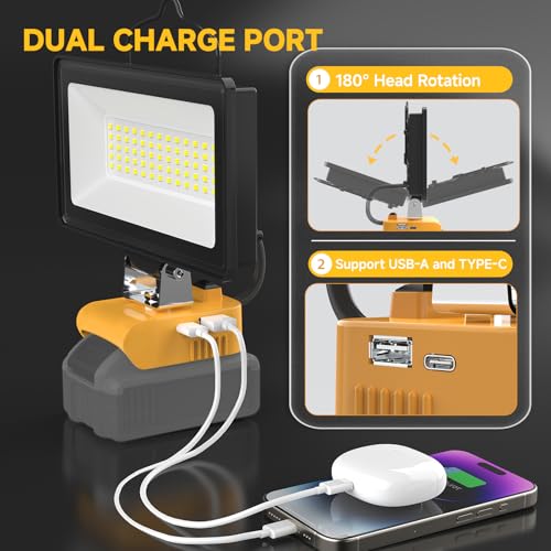 Image of 2026 Upgraded Cordless LED Work Light for Dewalt 20V Battery,148W 14800LM Dual Brightness Jobsite Light with USB-C Charging,Low Voltage Protection for Car Repair,Construction & Emergency