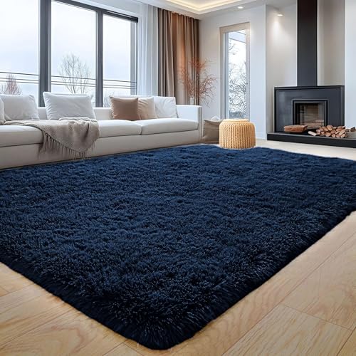Aspire Homeware Fluffy Shaggy Rugs Living Room 120x170 cm Navy Blue 450 GSM Thick Soft Pile Non Slip Carpet Machine Washable Large Bedside Rug for Bedroom Hallway Kids Nursery Room Non-Shedding
