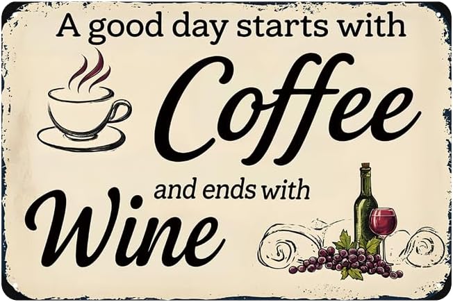 A Good Day Starts With Coffee And Ends With Wine Metal Tin Sign Vintage Kitchen Wall Decor Retro Rustic Hanging Plaque Wall Art Decorations Home Man