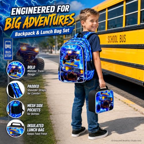 Image of 17 inch Truck Backpack for Boy, 3Pcs Lightning Bookbag for Elementary Preschool Kindergarten, Kids School Thunder Backpacks with Lunch Box (Blue)