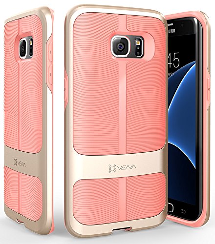 Galaxy S7 Edge Case, Vena [vAllure] Wave Texture [Bumper Frame][CornerGuard ShockProof | Strong Grip] Slim Hybrid Cover for Samsung Galaxy S7 Edge (Gold/Coral Pink)