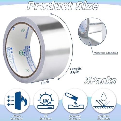 Image of 3Pack Aluminum Foil Tape 2 Inch x 164 Ft / 55 Yards HVAC Tape Withstand -4℉ to 176℉ Foil Duct Tape Perfect for Insulation, Dryer Vents and Metal Repair Sealing