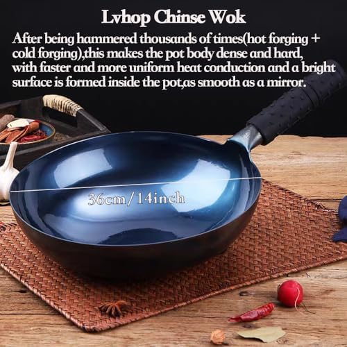 iron wok with lid,14 inch woks & stir-fry pans nonstick,chinese traditional pans for open fire,large cookwares,cooking,bbq,grill,camping,blue pre-seasoned round bottom wok (36cm) - Thumbnail 3