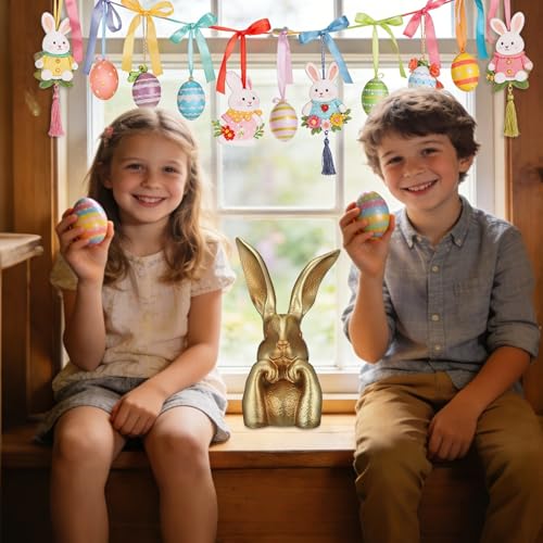 Lapin doré de printemps : sculpture décorative pour étagère et entrée