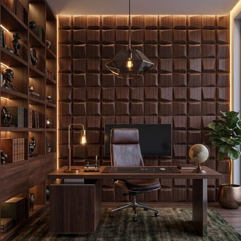Image of Kayra Decor 3D PVC Wall Panels for Bedroom & Living Room | Cube Design | Walnut Wood Color | 19.7 x 19.7 Inch | Pack of 18 | 42.48 Sq Ft