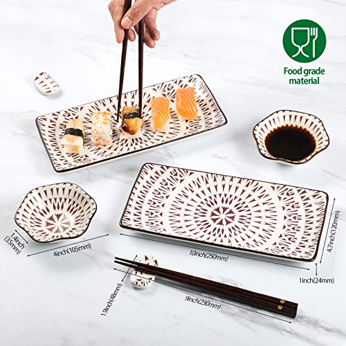 Mallyu Sushi Plates Set 8 Pcs, 10" Ceramic Sushi Dishes Serving Set, Dinnerware Sets W/ 2 Sushi Plates And Soy Sauce Bowls-2 Chopsticks And Holder, Wedding Housewarming Gift, Sun Flower #TOP2