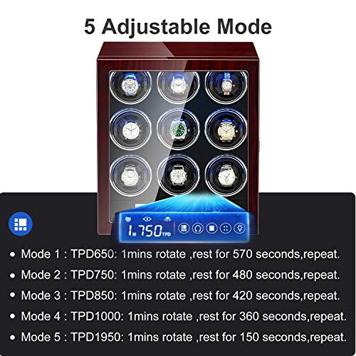 Jqueen Watch Winder For 9 Watches,Piano Finish With High-Gloss Lacquer,Upgraded Adjustable Watch Pillows,Powered By Quiet Japanese Mabuchi Motor,Built-In Illumination(Red+Black) #TOP3