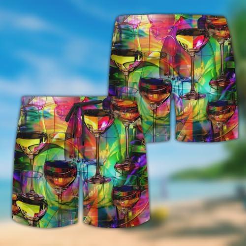 Wine Glass Mens Swim Trunks - Red Wine Hawaiian Mens Swim Short Beach Shorts TU-SH-372
