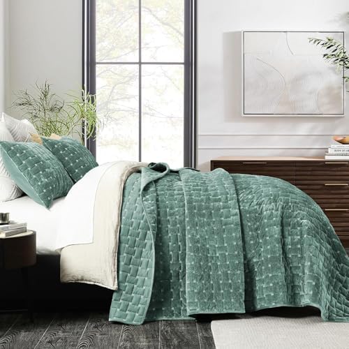 Image of Grassix Velvet Quilt Set King Size, Luxury Geometric Design, Aqua Green