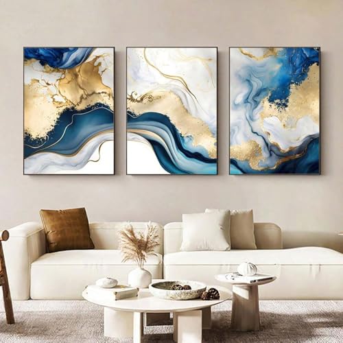 Peinture sur feuille d'or blanc et bleu TONGYINLI triptyque luxe - 3