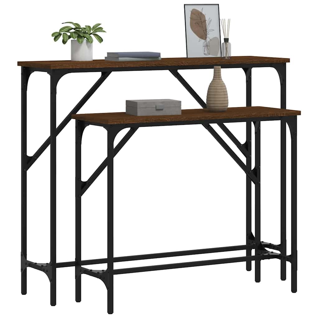 Set 2 Tavolini Consolle da Ingresso Legno Multistrato Marrone | Set di due tavoli impilabili salvaspazio per corridoio e soggiorno con telaio in metallo stabile e piedini regolabili.