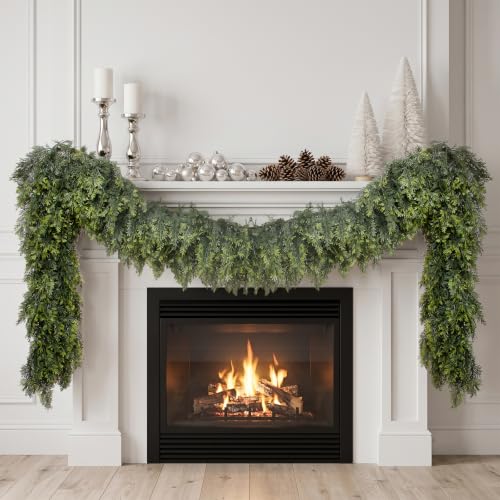 Image of Hananona 9FT Artificial Cedar Garlands, 2Pcs Real Touch Soft Cedar Pine Garland, Winter Artificial Greenery Garland for Fireplace Mantel Staircase Porch Table Indoor Home Decor (2, Dark Green, 9FT)