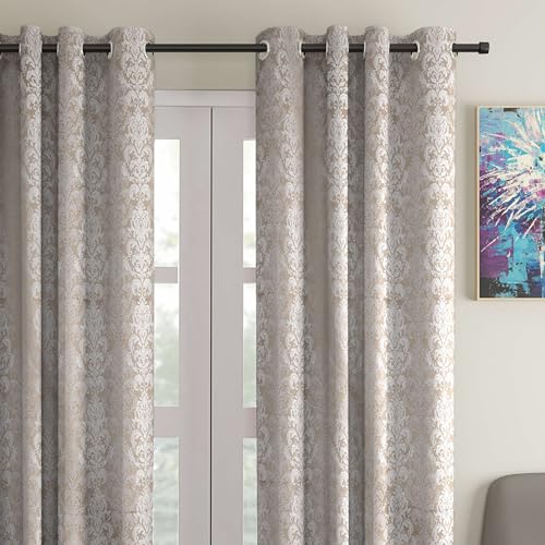 Image of STITCHNEST Damask Jacquard Door Curtain - Beige, 7 Feet, Grommet Top - Pack of 1 Luxurious Curtain for Living Room & Bedroom