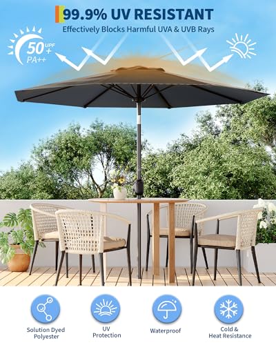9FT Outdoor Patio Umbrella, Outdoor Table Umbrella, Market Umbrella with Push Button Tilt and Crank, 8 Sturdy Ribs UV Protection Waterproof for Garden, Deck, Backyard, Pool (Grey)