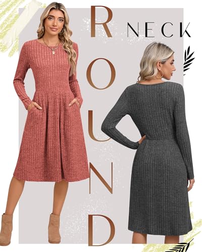 Riyiper 2 Pack Women's Long Sleeve Sweater Dress Ribbed Pleated Casual Round Neck Knee Length Dress with Pocket3