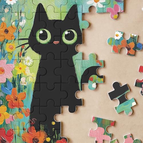 Puzzles Cute Black Cat para adultos 500 piezas. Puzzles de rompecabezas de naturaleza con flores coloridas. Rompecabezas artísticos desafiantes de flores, animales y plantas miniatura 3