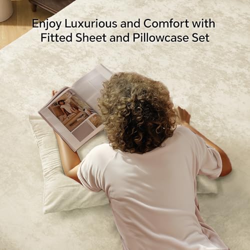 BEDELITE Velvet Fitted Sheet and Pillowcases Set, Luxury Soft Fuzzy Bottom Sheet with Reinforced Elastic Corner Straps, Deep Pocket up to 15 Inch, 1 Fitted Sheet and 2 Pillowcases (Full, Cream)