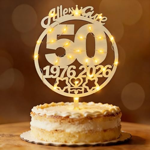 Tortendeko 50 Geburtstag Frau Mann 1976-2026, Seutgjie Deko 50. Geburtstag Jubiläum Hochzeitstag Cake Topper Goldhochzeit Holz mit LED Lichterkette Tortenaufleger Blumenstecker
