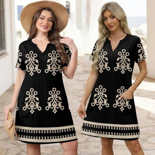 Image of WIHOLL Summer Dresses for Women Casual V Neck Wedding Guest Dress Hawaiian Midi Dress Fashion Beach Vacation Clothes