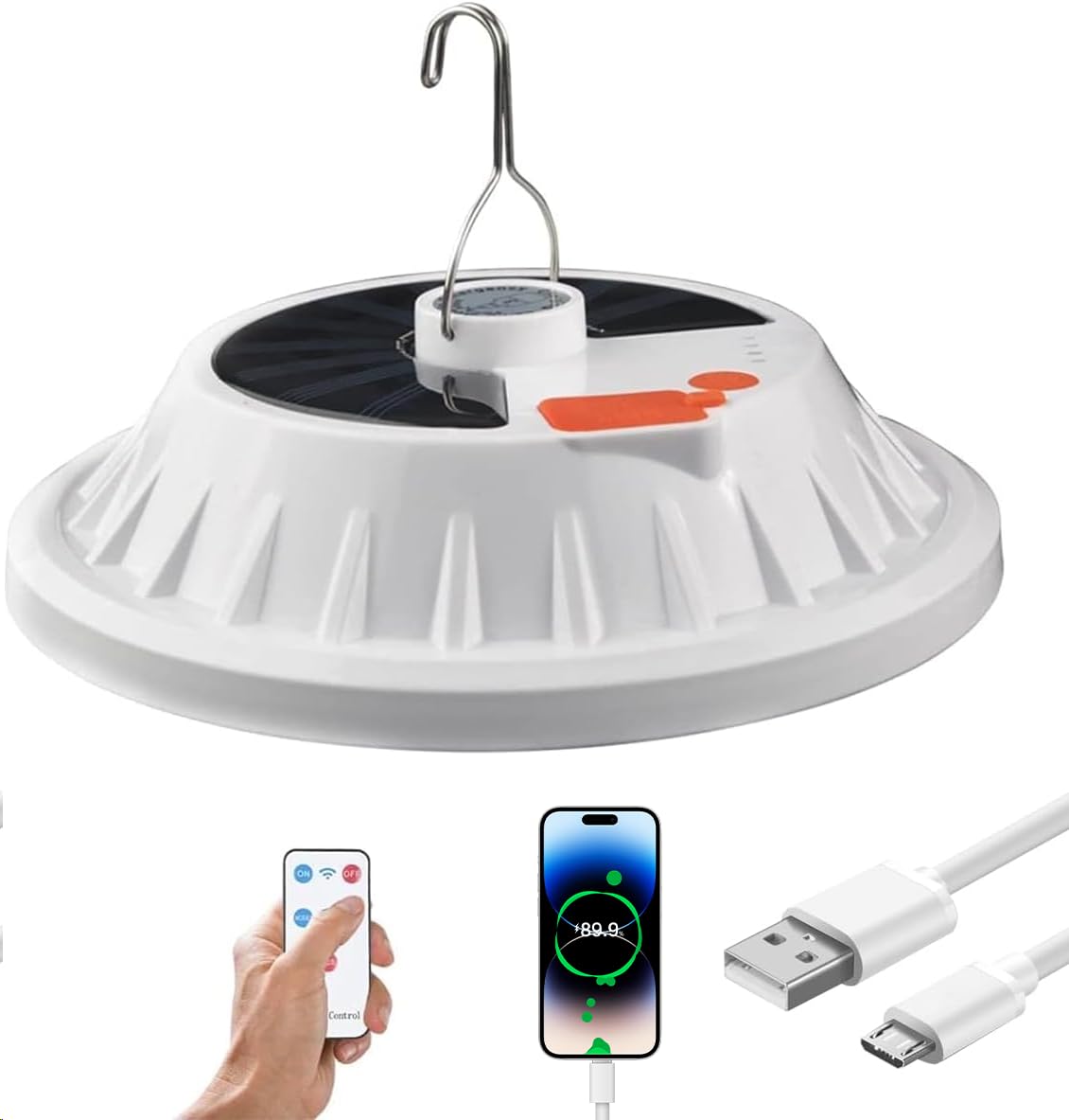 NAKCNM 120 LED Solar Camping Light with Remote Control, LED Camping Lantern with Hook, IPX7 Waterproof Tent Light for Camping, 5 Modes Rechargeable Camping Lamp for Camp Caravan Power Cuts