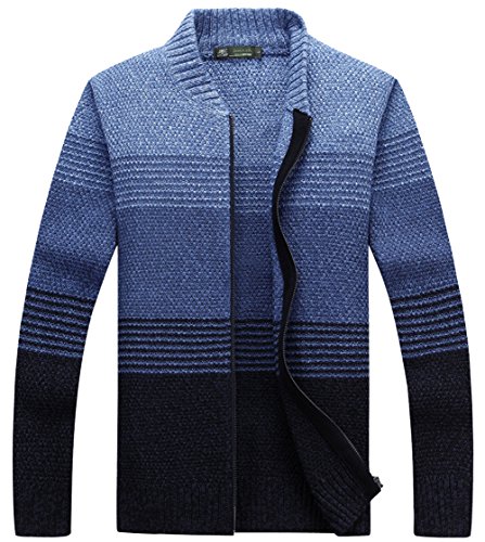 Men's Casual Slim Full Zip Thick Knitted Cardigan Sweaters with Pockets (Medium, Blue Stripe)