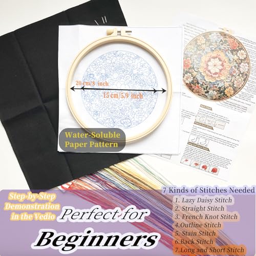 Image of FONNUY Floral Embroidery Kit, Cross Stitch Kits for Beginners, Handmade Crafts with Printed Patterns for Beginner Adults, Easy to Follow Color Thread Needlework, 8'' Hoop (Wildfire of Blossoms)
