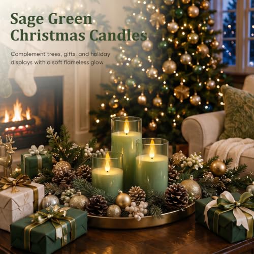 Image of Homemory Sage Green Flameless Candles, Acrylic LED Pillar Candles with Remote Timer, Set of 3