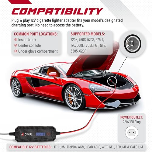 JMR Lithium Battery Charger for McLaren 720S 750S Artura 570S 675LT 12C 600LT 765LT GTS 650S 620R All Models Trickle Charger Conditioner Maintainer