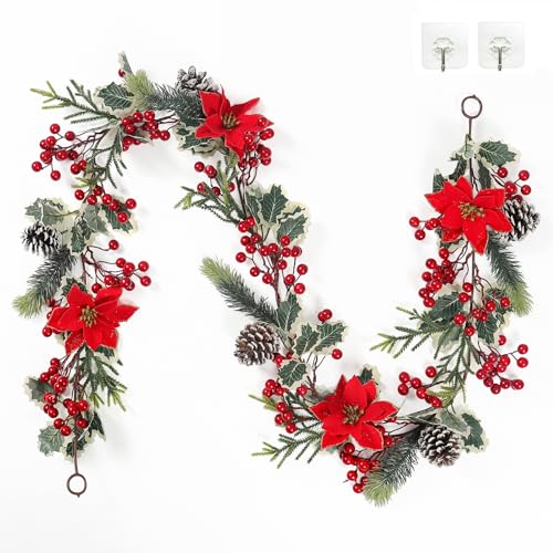 SOMYTING Guirnalda de Bayas Artificiales con Hojas Verdes, Guirnalda de Navidad con Bayas Rojas, Guirnalda de Abeto, Guirnalda de Bayas Rojas para Bodas, Vacaciones, Chimenea, Escalera, decoración de