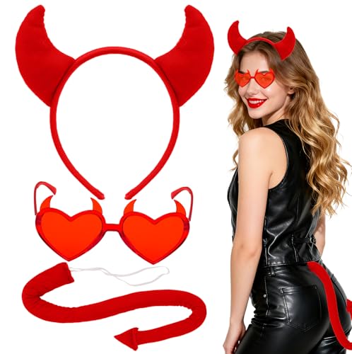 Sofeavo Devil Costume Accessories Women Man- Red Devil Horns Headband Tail Heart Sunglasses - Demon Horns Halloween Cosplay Costume Photo Props Party Hairband