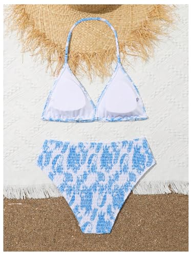Image of RoseSeek Girl's 2 Piece Swimsuits Tie Dye Smocked Triangle Halter Cute Bikini Set High Waisted Bathing Suit Blue 13Y