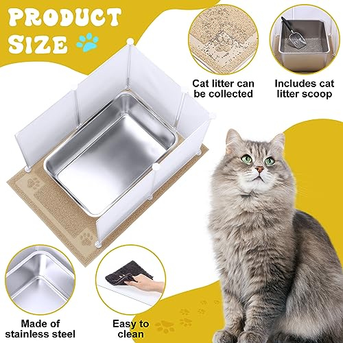 Pinkunn 2 Set Stainless Steel Cats Litter Box Large Metal Litter Box with 2 Cat Litter Scoop, 12 Litter Splash Shield and 2 Cat Litter Mat, Never Absorbs Odor (Cream White, 23.6 x 15.7 x 5.9 Inch)