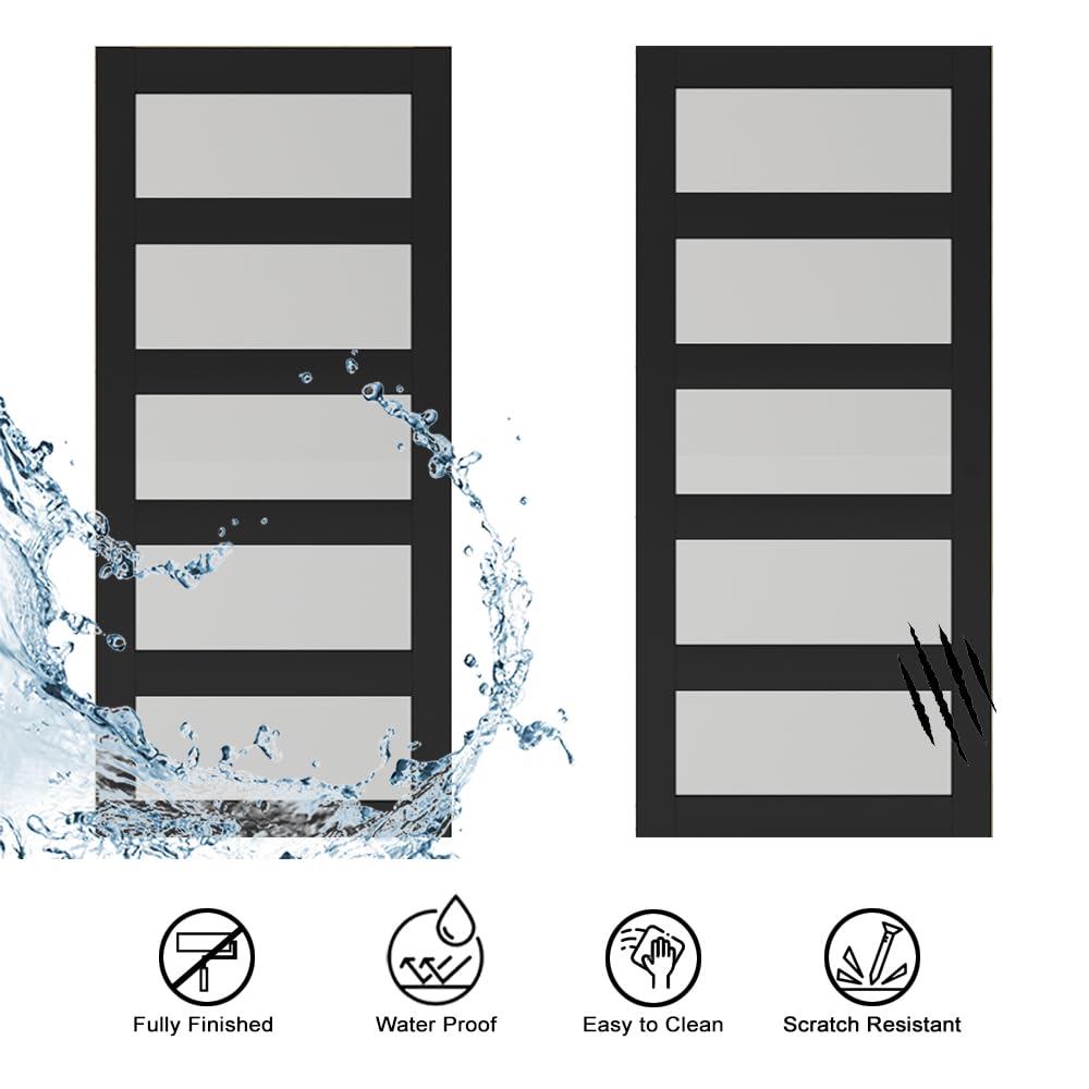 60 in. x 84 in. 5 Lite Tempered Frosted Glass Black Finished Composite Double Sliding Barn Door with Hardware Kit Handle