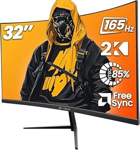 CRUA Ecran PC Gaming Incurvé 32 Pouces 2K (2560x1440p) 165Hz 144Hz,1 ms, Panneau VA, 1500R, sRGB 125%, DCI-P3 90%, Adaptive-Sync, Ultra-Thin Frameless HDMI,DP,VESA