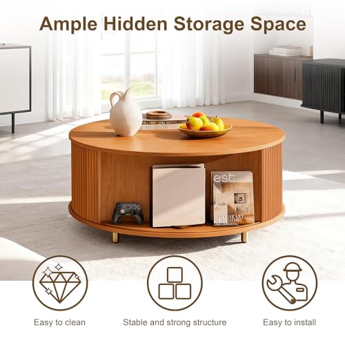 Image of DHH Round Coffee Table, 31.5 inch Mid Century Modern Coffee Table with 360 Sliding Tambour Door, Fluted Accent Coffee Table with Storage,Adjustable Footpads for Living Room, Yellow Walnut