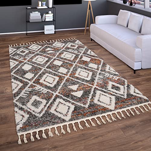 Paco Home Hochflor Teppich Wohnzimmer Schlafzimmer Shaggy Boho Modern Skandinavisch Geometrisches Rautenmuster Fransen, Grösse:120x160 cm, Farbe:Bunt