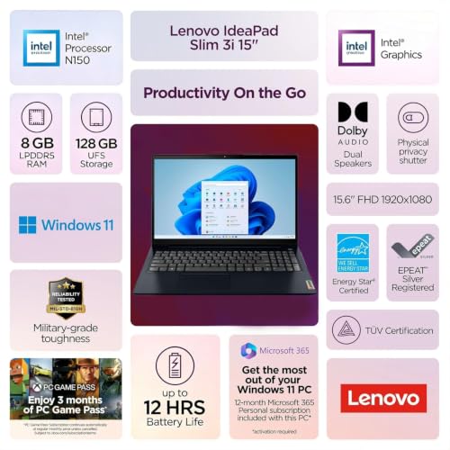 Image of Lenovo IdeaPad Slim 3i 15.6 inch FHD Laptop with 1-Year Microsoft 365 Included, Intel N150 Processor, 8GB DDR5 RAM, 128GB SSD, Wi-Fi 6, Windows 11, Everyday Student Laptop, Artic Blue