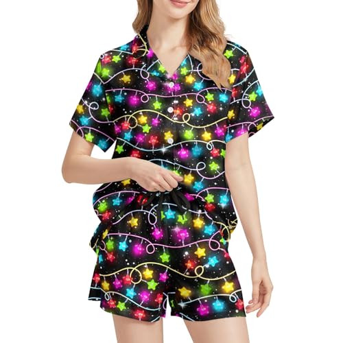 Image of Silk Satin Pajama Set for Women Summer Lounge Pjs Sets 2 Piece Suit Ladies Button Down Tops And Shorts Sleepwear
