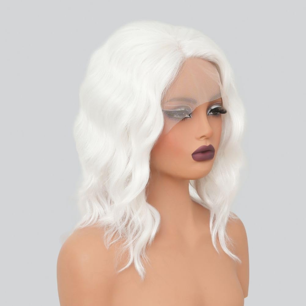 White Lace Front Curly Wig for Women Side Part Shoulder Length Wigs Cosplay Halloween Synthetic Hair Wigs