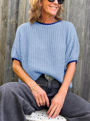 Image of Saodimallsu Womens Puff Short Sleeve Sweater Tops Spring Summer Color Block Ribbed Knit Crew Neck Going Out Shirts