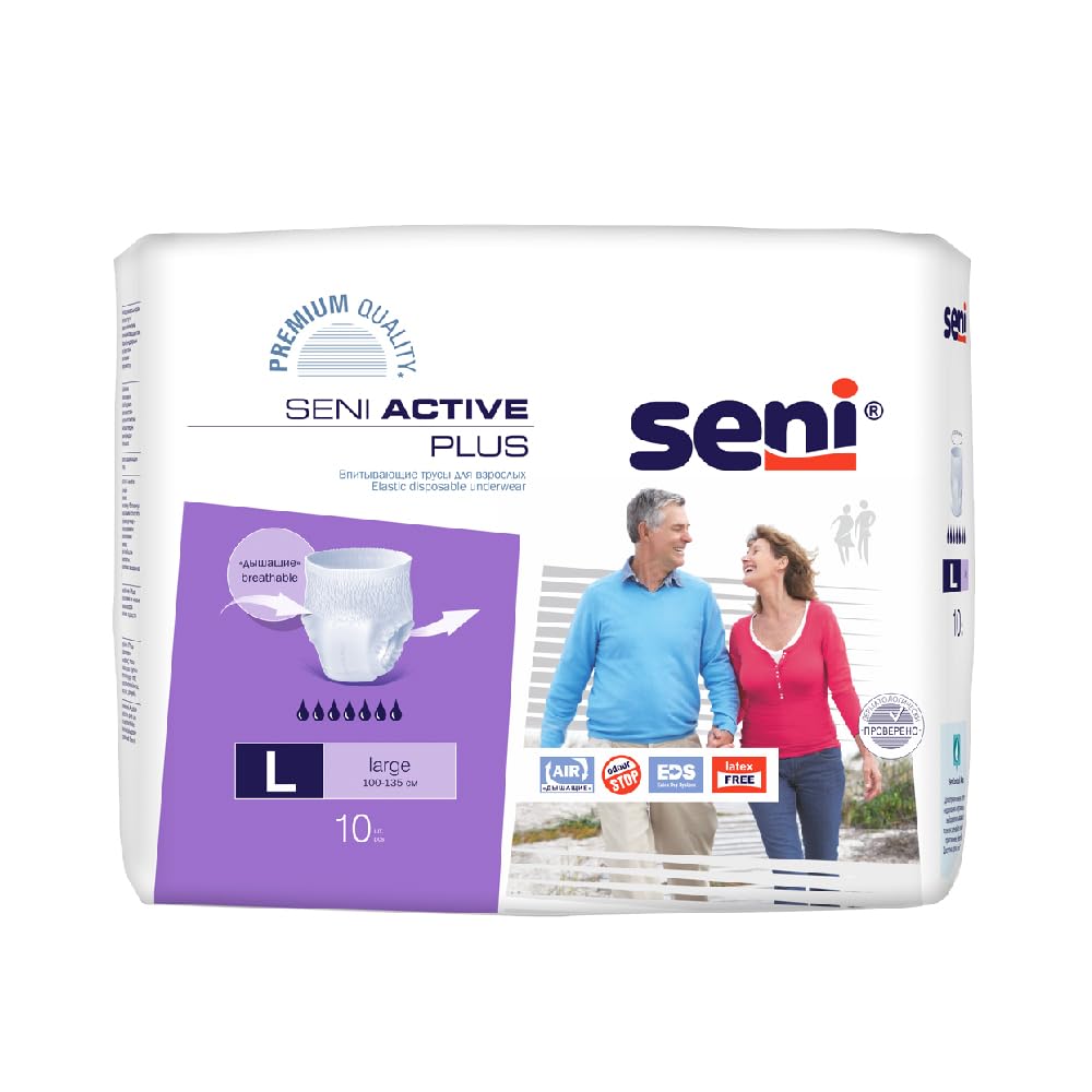 Seni Active Plus Breathable Pant Style Adult Diapers | Wetness Indicator | Quick Absorption System | Latex Free | Ultra Absorbent | Odour Stop | Dermatologically Tested | Side Leakage Protection | Size Large | Weist Size 39" - 53" (100 cm - 135 cm) | Pack of 1 | 10 Pcs