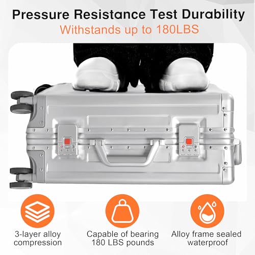 All Aluminum Carry On Luggage 22x14x9 Airline Approved，Hard Shell Carry On Luggage, Zipperless Luggage Aluminum Suitcase Luggage (sliver, 20inch)4